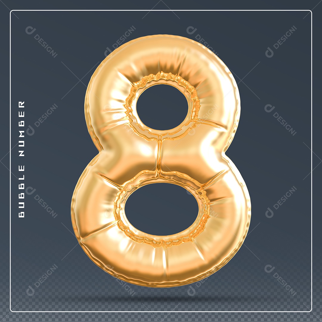Elemento 3D Número 8 Dourado para Composição PSD