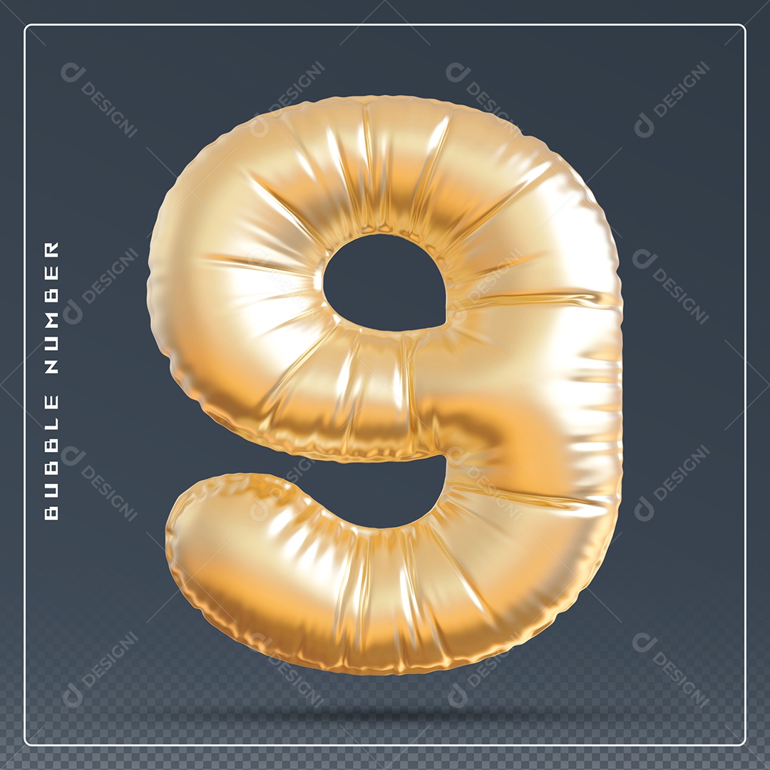 Elemento 3D Número 9 Dourado para Composição PSD