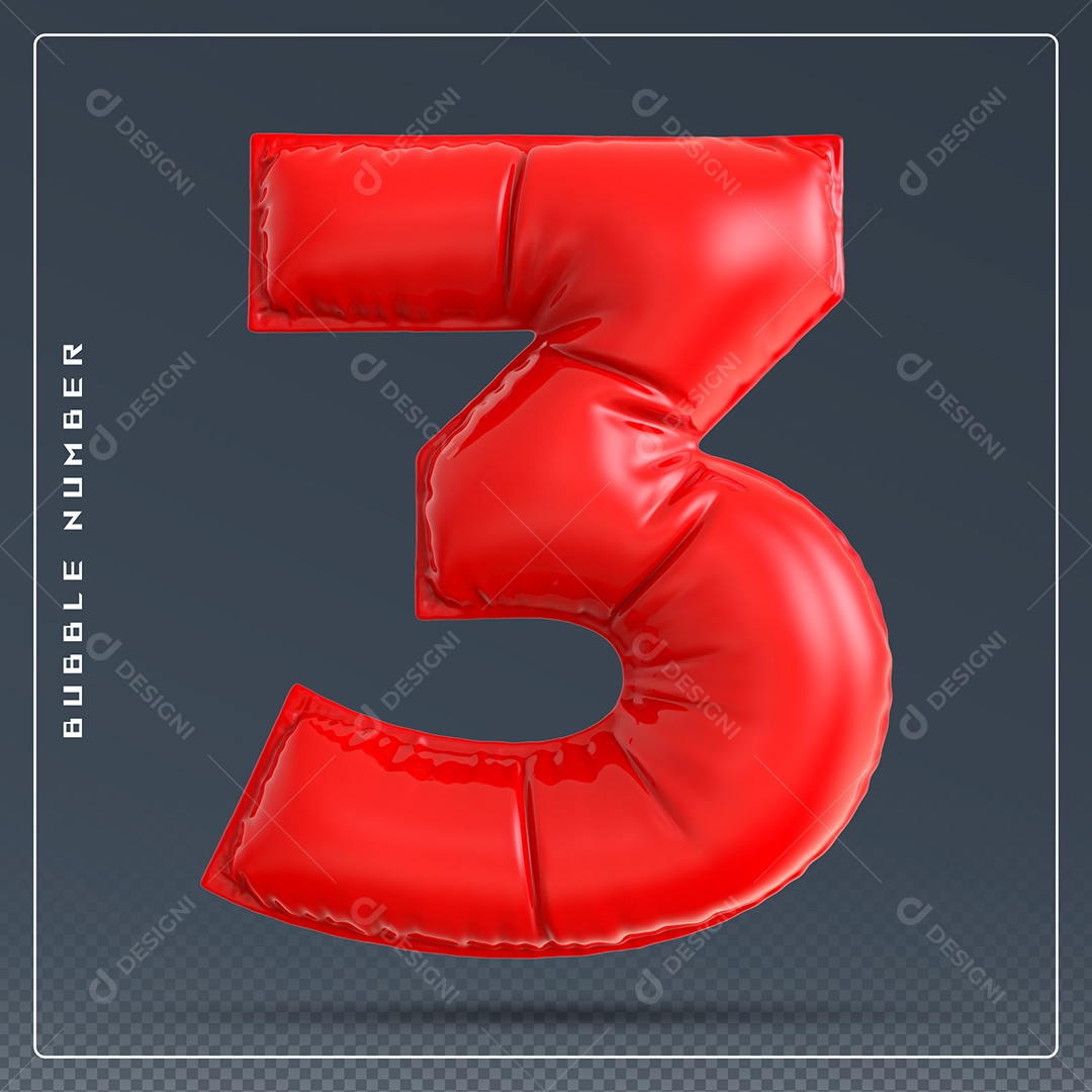 Elemento 3D Número 3 Vermelho para Composição PSD