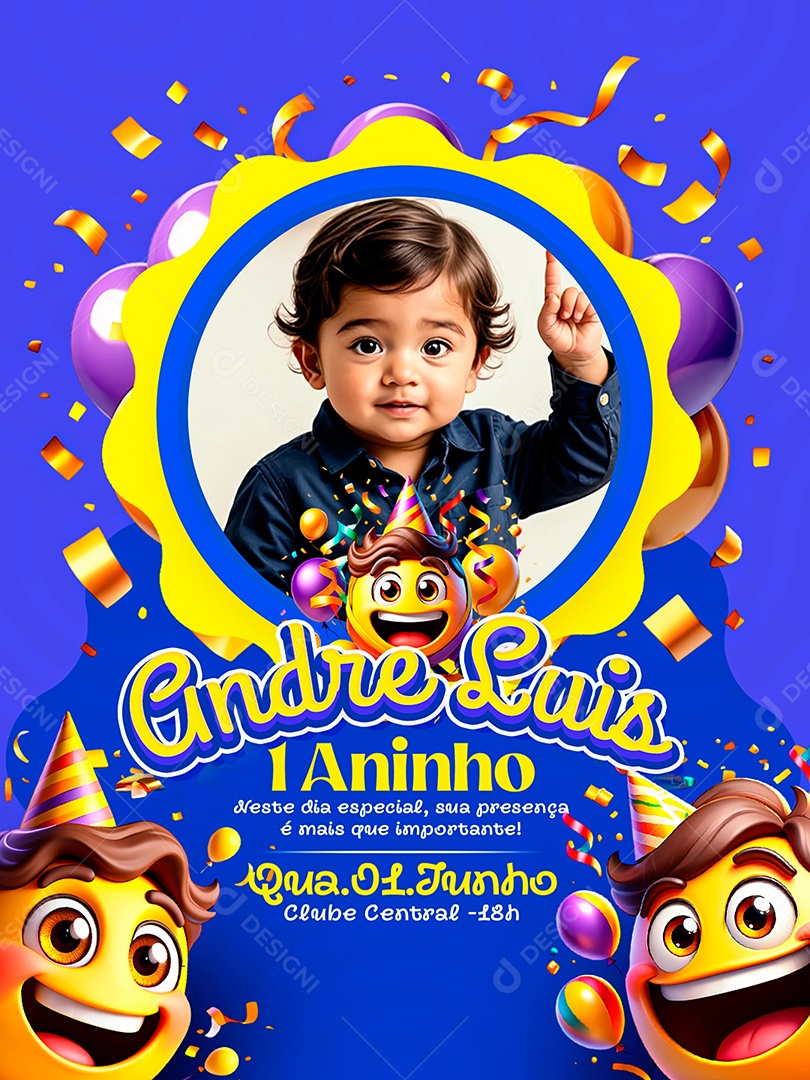 Convite de Aniversário 1 Aninho André Luiz Social Media PSD Editável