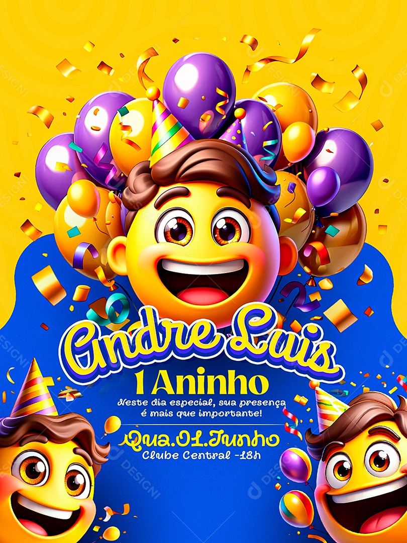 Convite de Aniversário 1 Aninho André Luiz Social Media PSD Editável