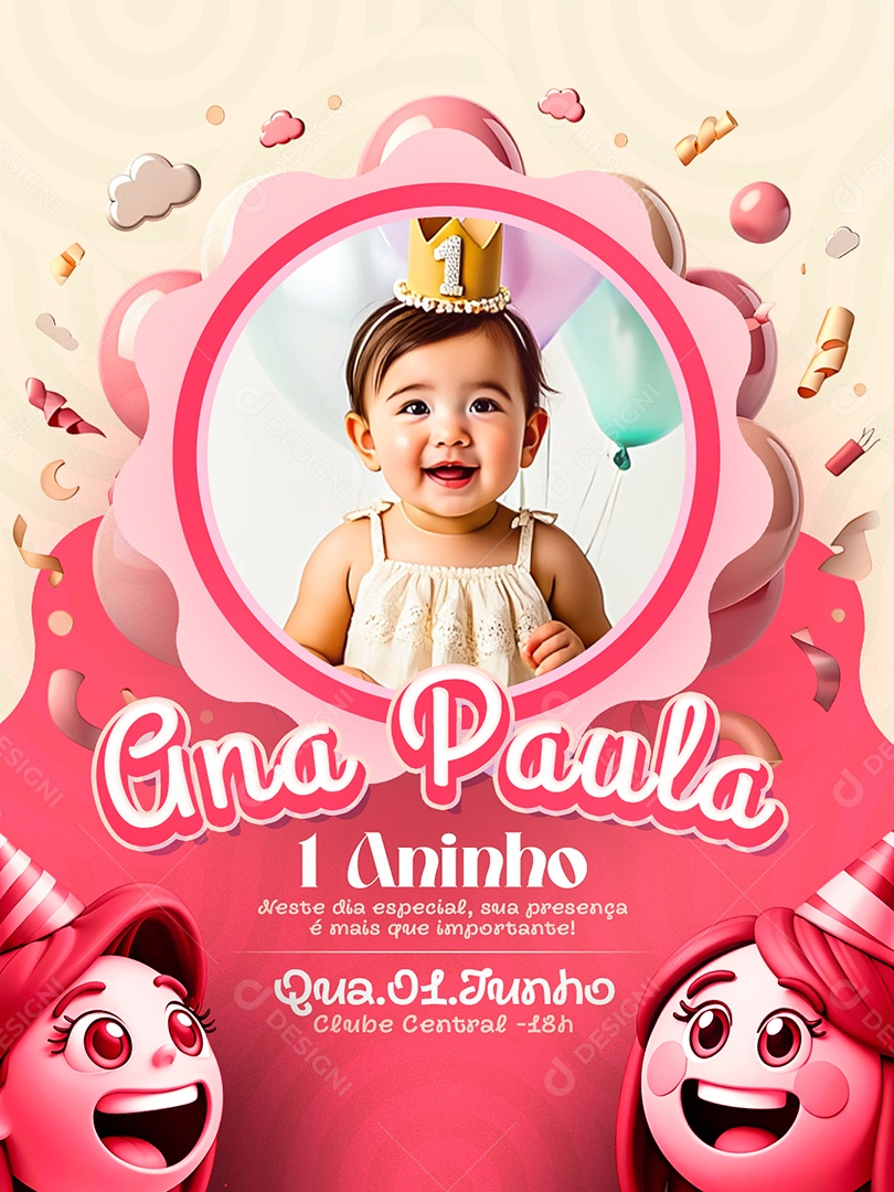 Convite de Aniversário 1 Aninho Ana Paula Social Media PSD Editável