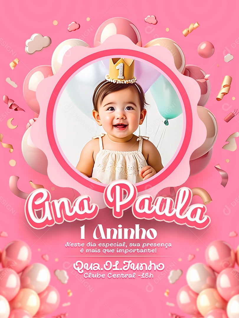 Convite de Aniversário 1 Aninho Ana Paula Social Media PSD Editável