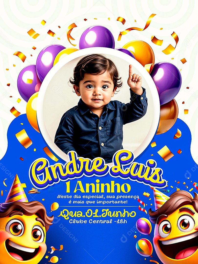 Convite de Aniversário 1 Aninho André Luiz Social Media PSD Editável