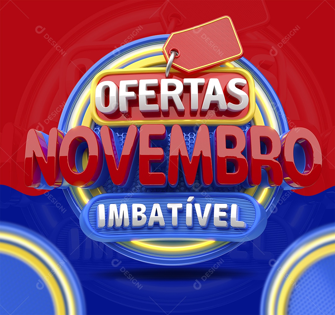Ofertas Novembro Imbatível Selo 3D Vermelho Azul e Amarelo para Composição PSD