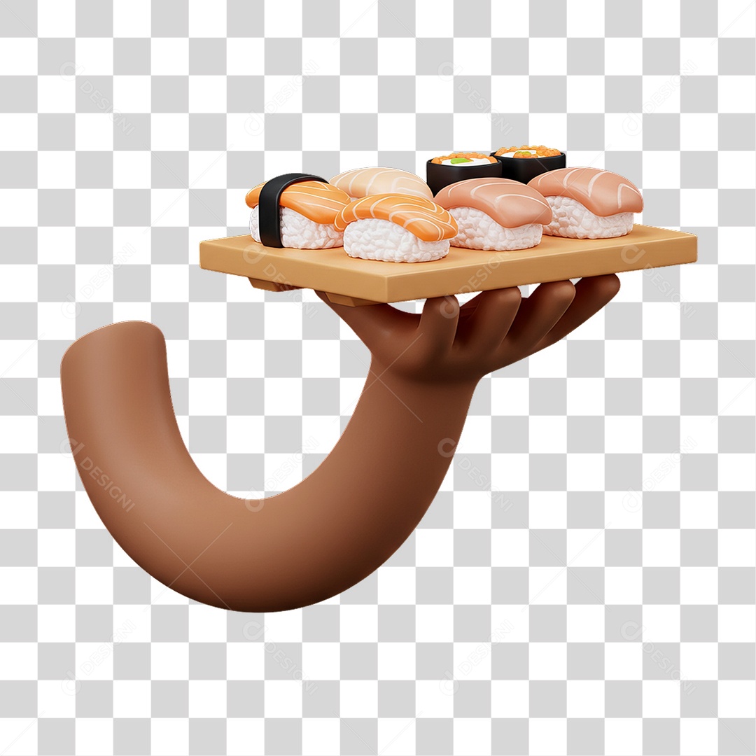 Elemento 3D Mão Segurando Bandeja de Sushi PNG Transparente