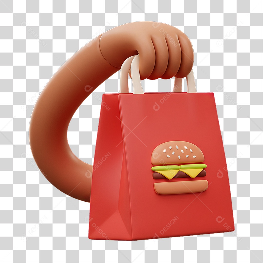 Elemento 3D Mão Segurando Sacola de Lanches PNG Transparente