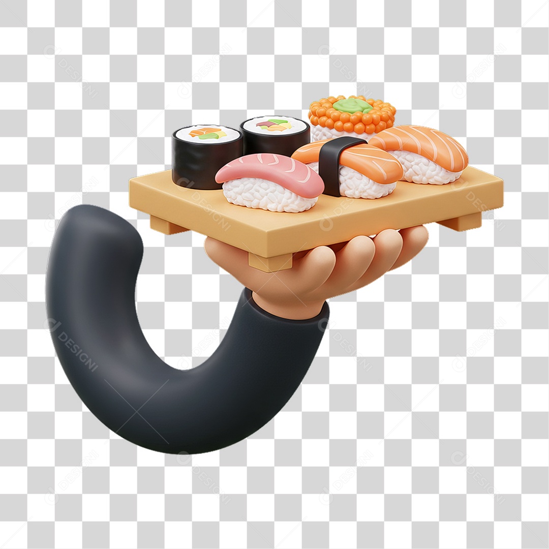 Elemento 3D Mão Segurando Bandeja de Sushi PNG Transparente