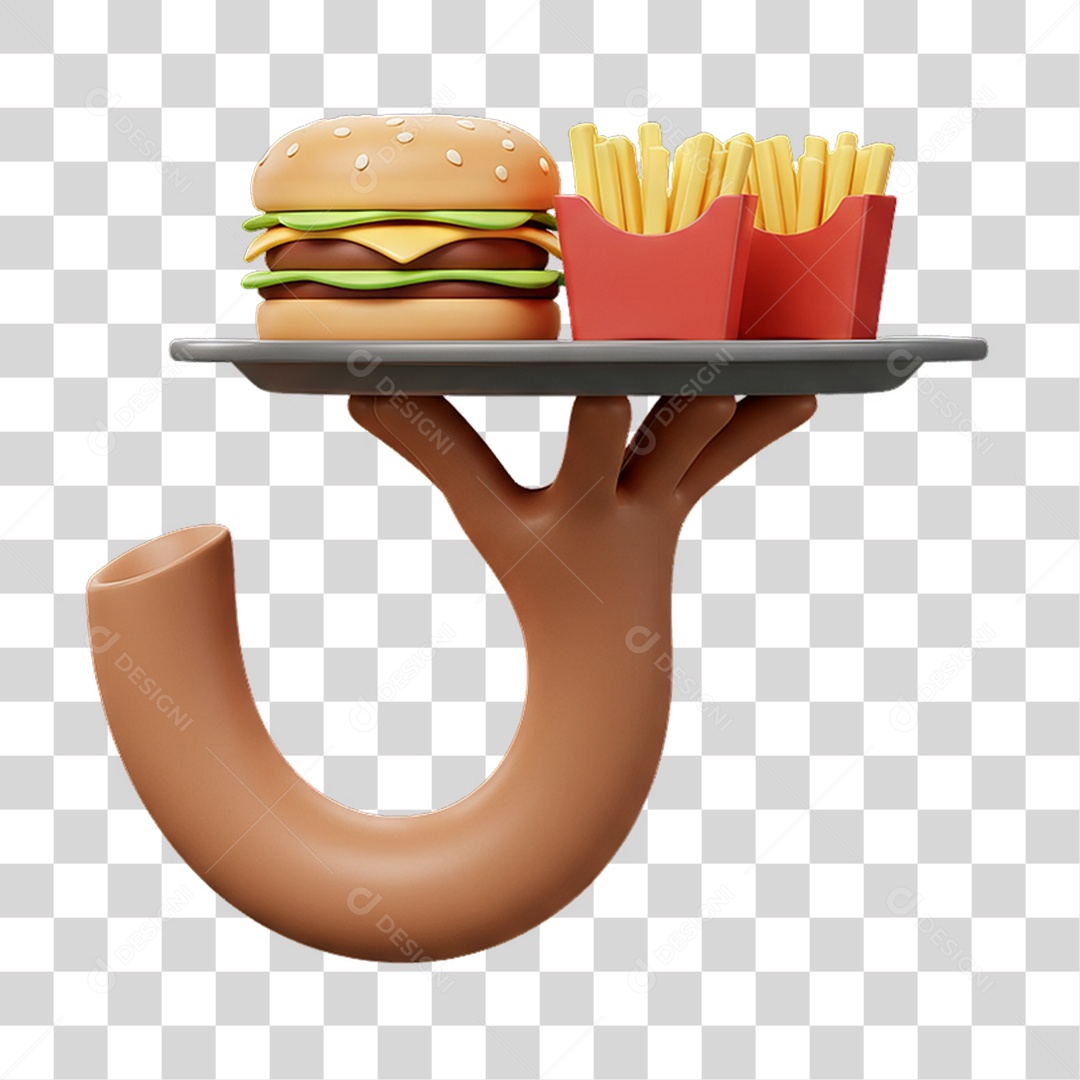 Elemento 3D Mão Segurando Bandeja de Lanches PNG Transparente