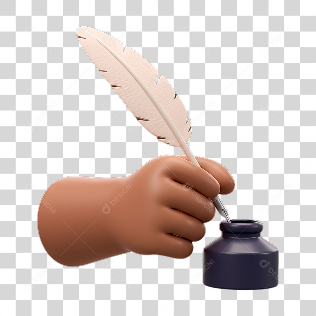 Elemento 3D Mão Segurando Pena de Escreve e Tinteiro PNG Transparente