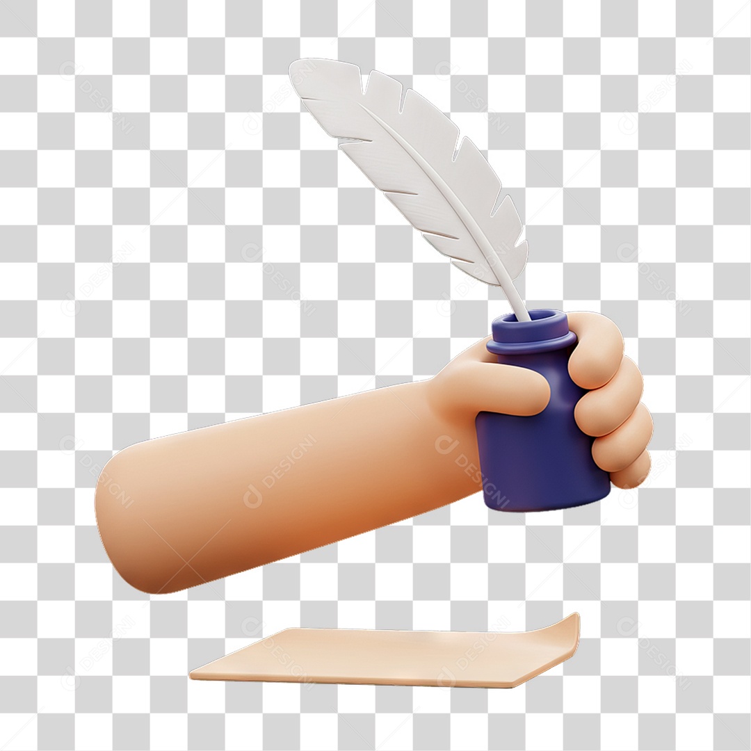 Elemento 3D Mão Segurando Pena de Escreve e Tinteiro PNG Transparente