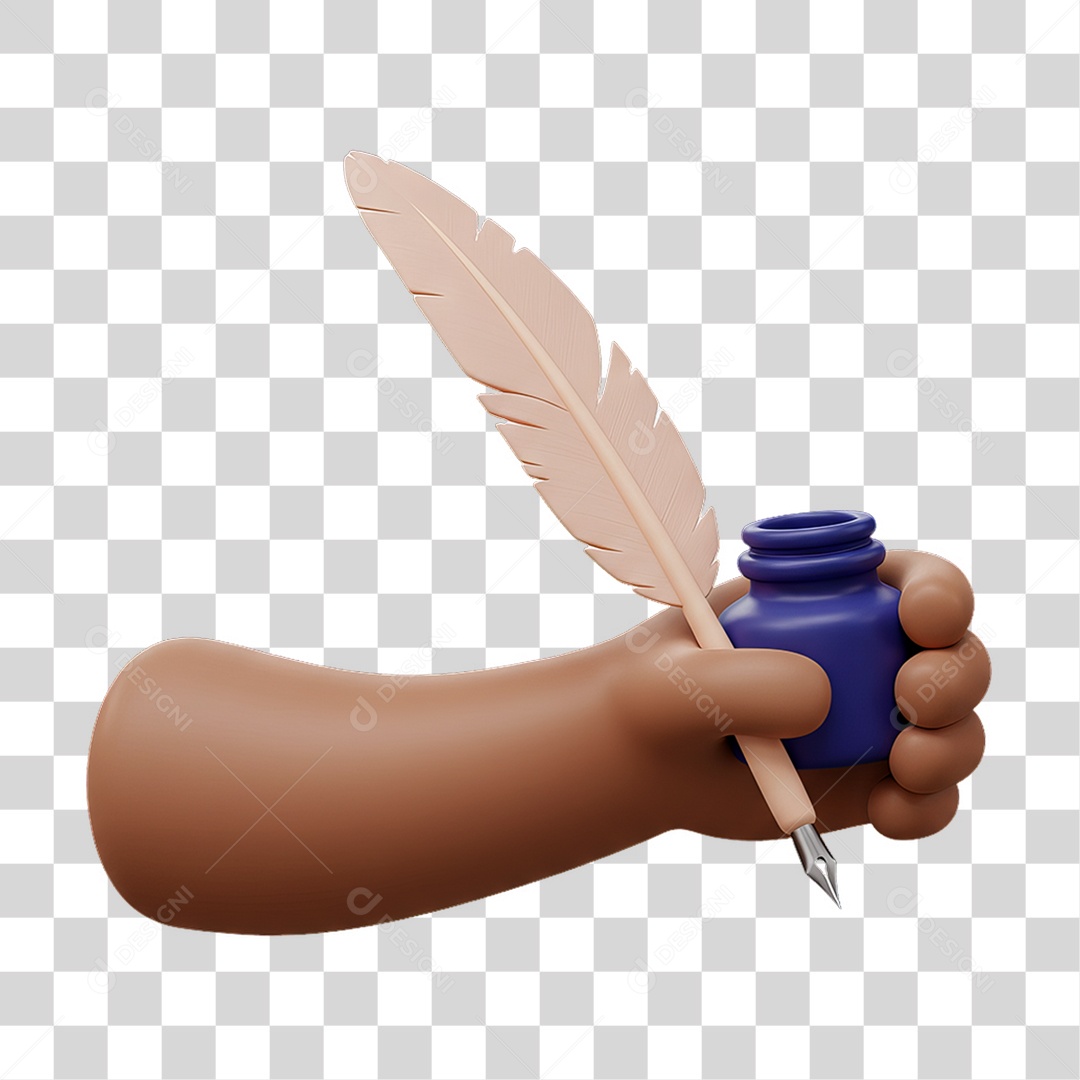 Elemento 3D Mão Segurando Pena de Escreve e Tinteiro PNG Transparente