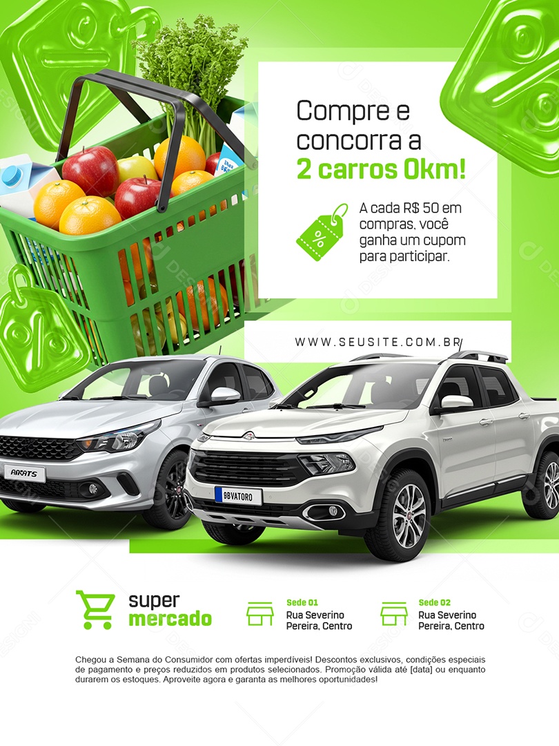 Supermercado Compre e Concorra a Dois Carros 0Km Social Media PSD Editável