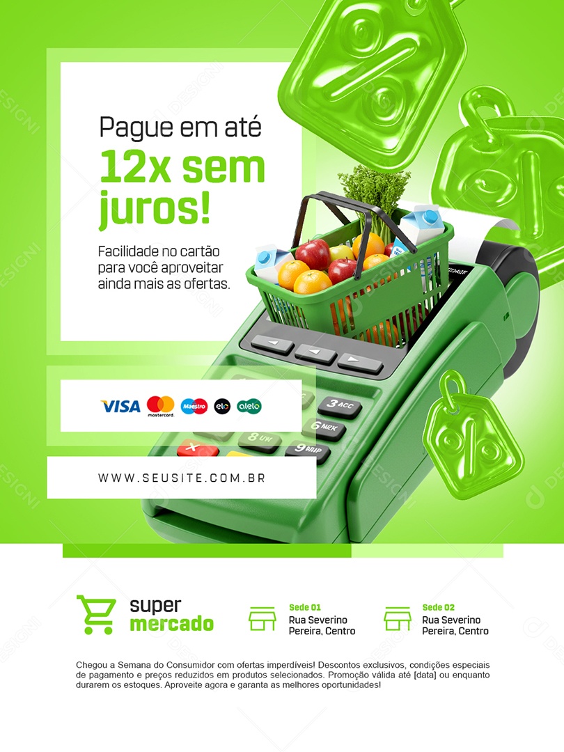 Supermercado Pague em Até 12x Sem Juros Facilidade no Cartão Social Media PSD Editável