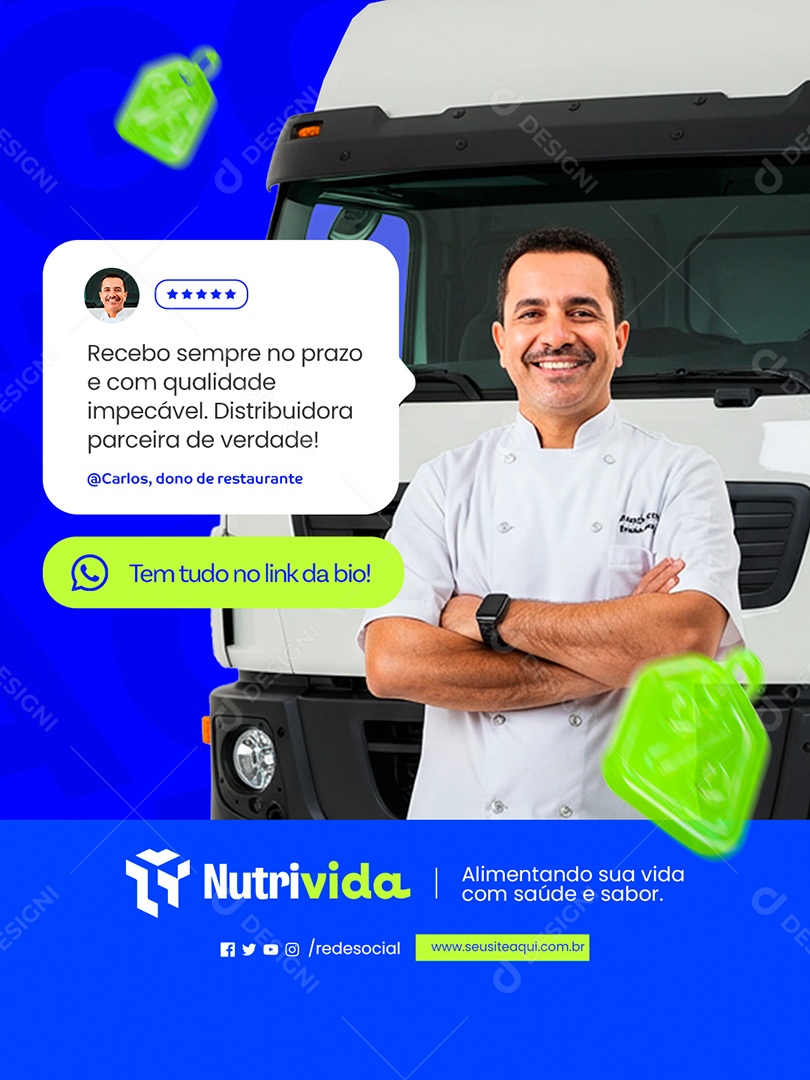 Distribuidora de Alimentos Feedback Depoimento Recebo Sempre no Prazo Social Media PSD Editável