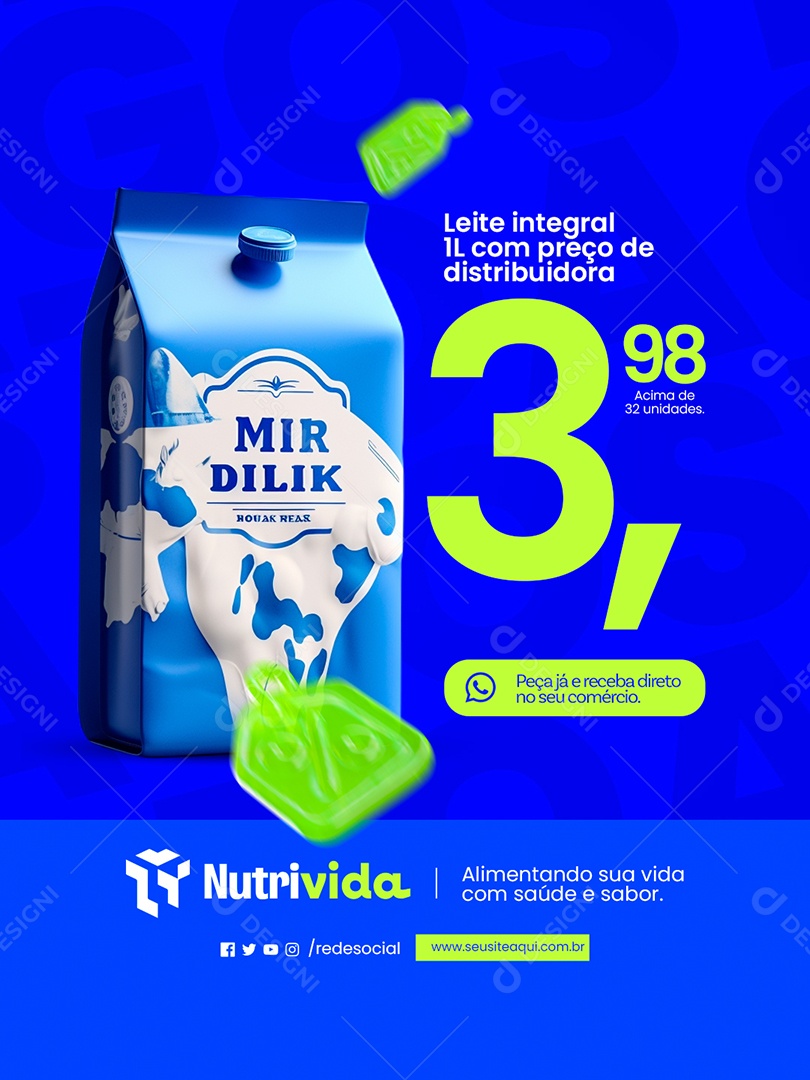 Distribuidora de Alimentos Leite Integral 1L com Preço de Distribuidora Social Media PSD Editável