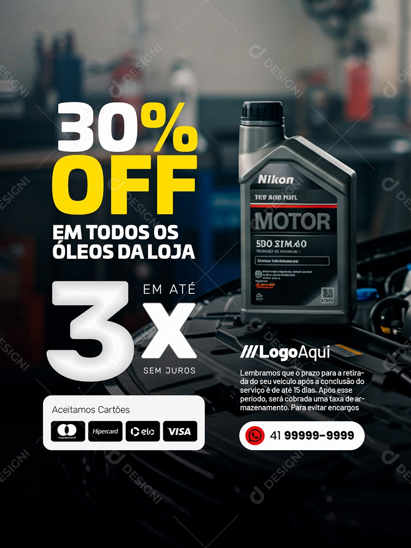 Oficina Troca de Óleo 30% Off em Todos os Óleos da Loja Social Media PSD Editável