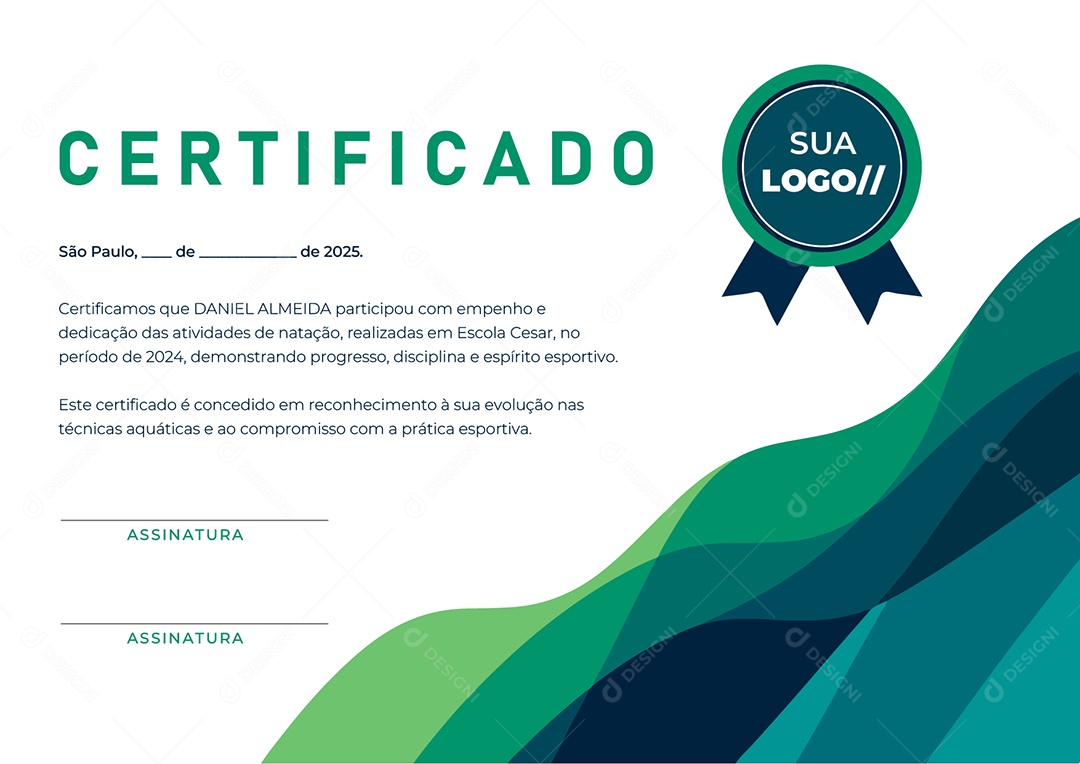 Certificado Natação Daniel Almeida Vetor AI + EPS Editável