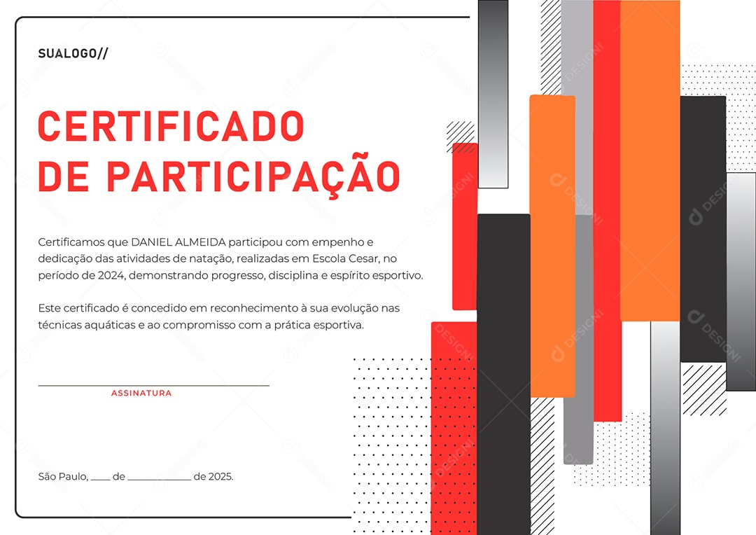 Certificado de Participação Natação Daniel Almeida Vetor AI + EPS Editável