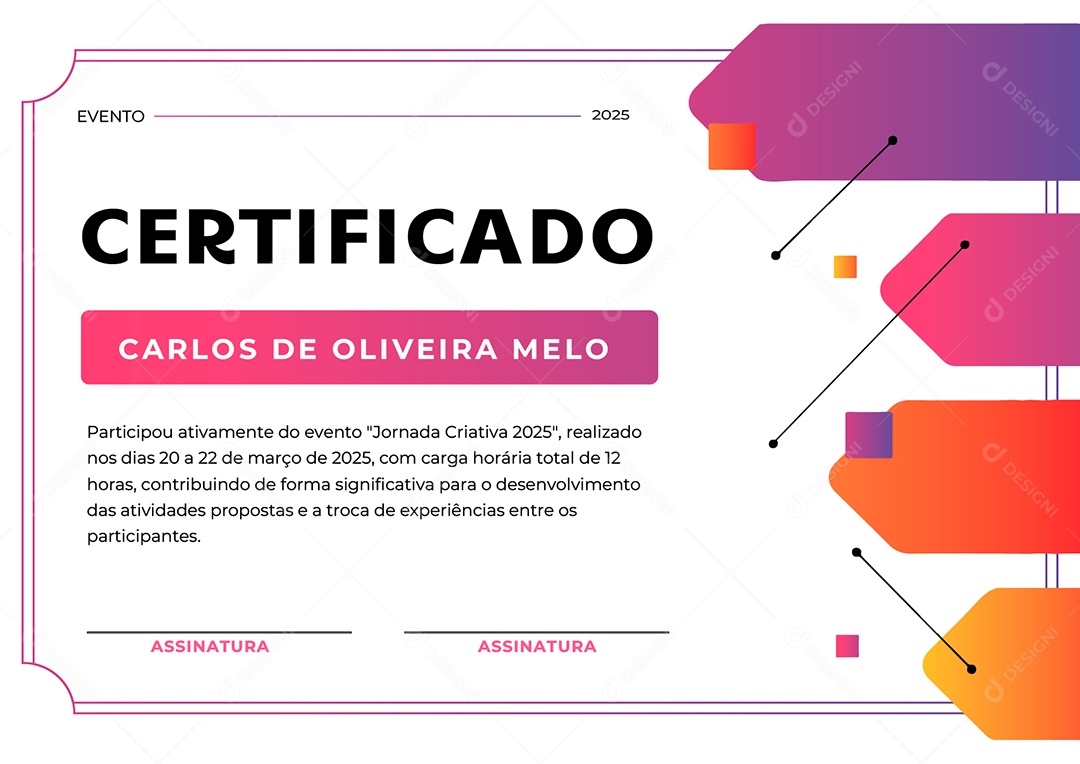 Certificado Jornada Criativa 2025 Carlos de Oliveira Melo Vetor AI + EPS Editável