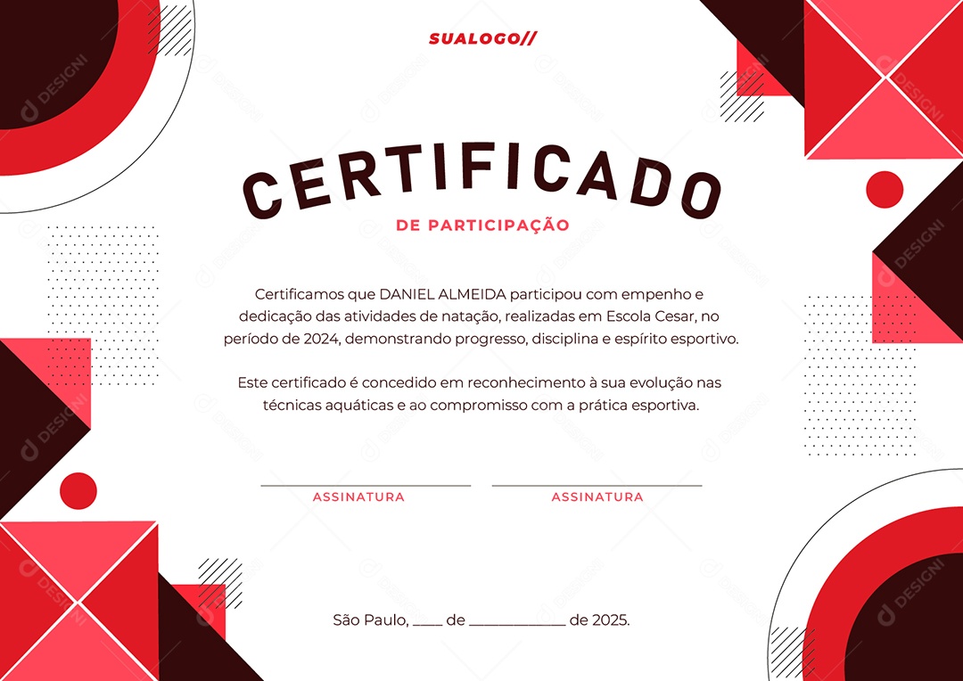 Certificado de Participação Natação Daniel Almeida Vetor AI + EPS Editável