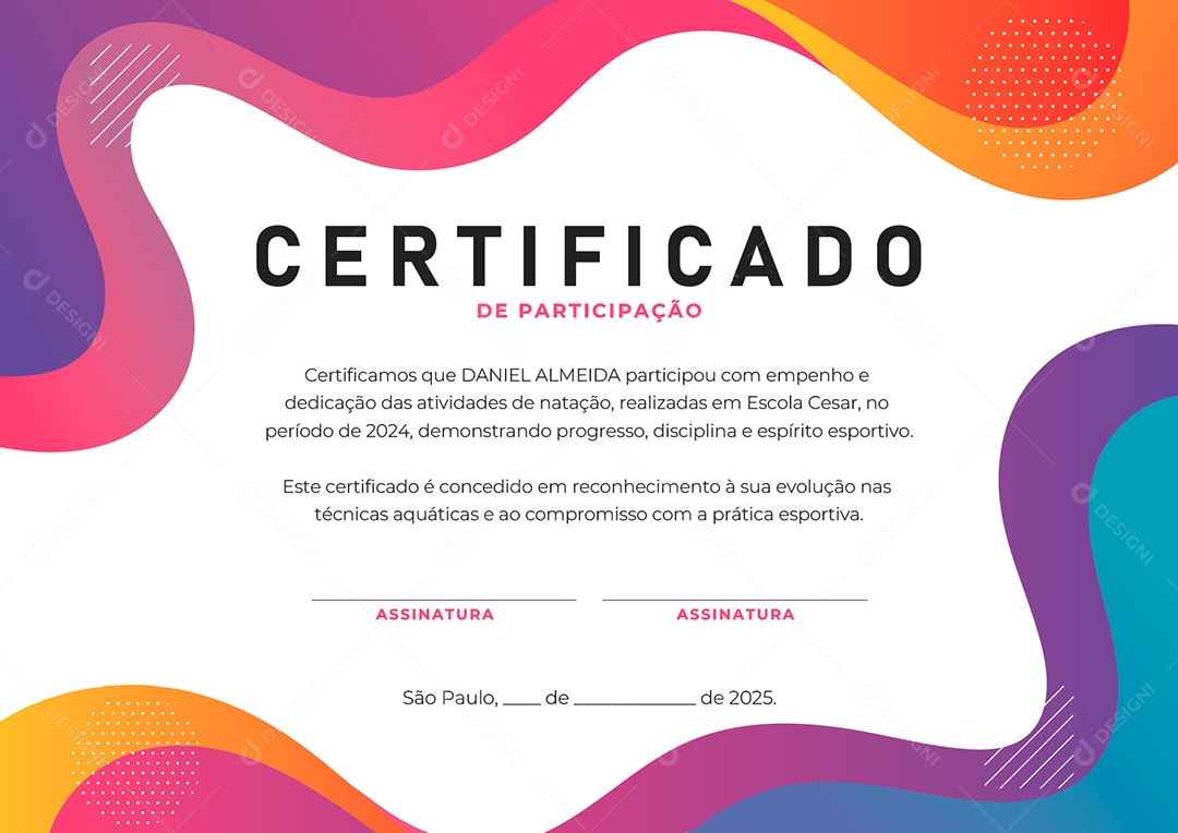 Certificado de Participação Natação Daniel Almeida Vetor AI + EPS Editável