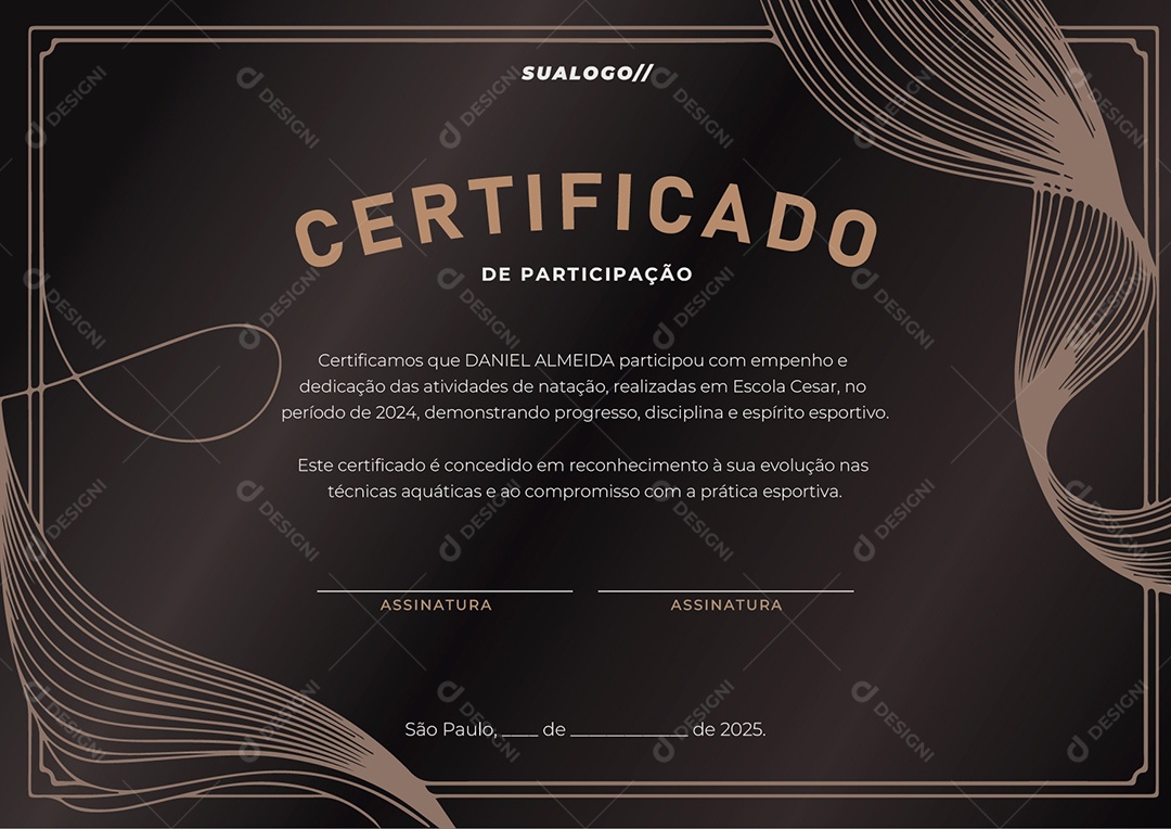 Certificado de Participação Natação Daniel Almeida Vetor AI + EPS Editável