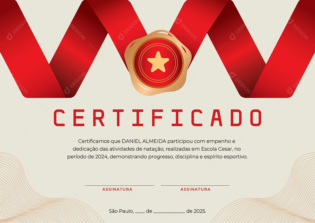 Certificado Natação Daniel Almeida Vetor AI + EPS Editável