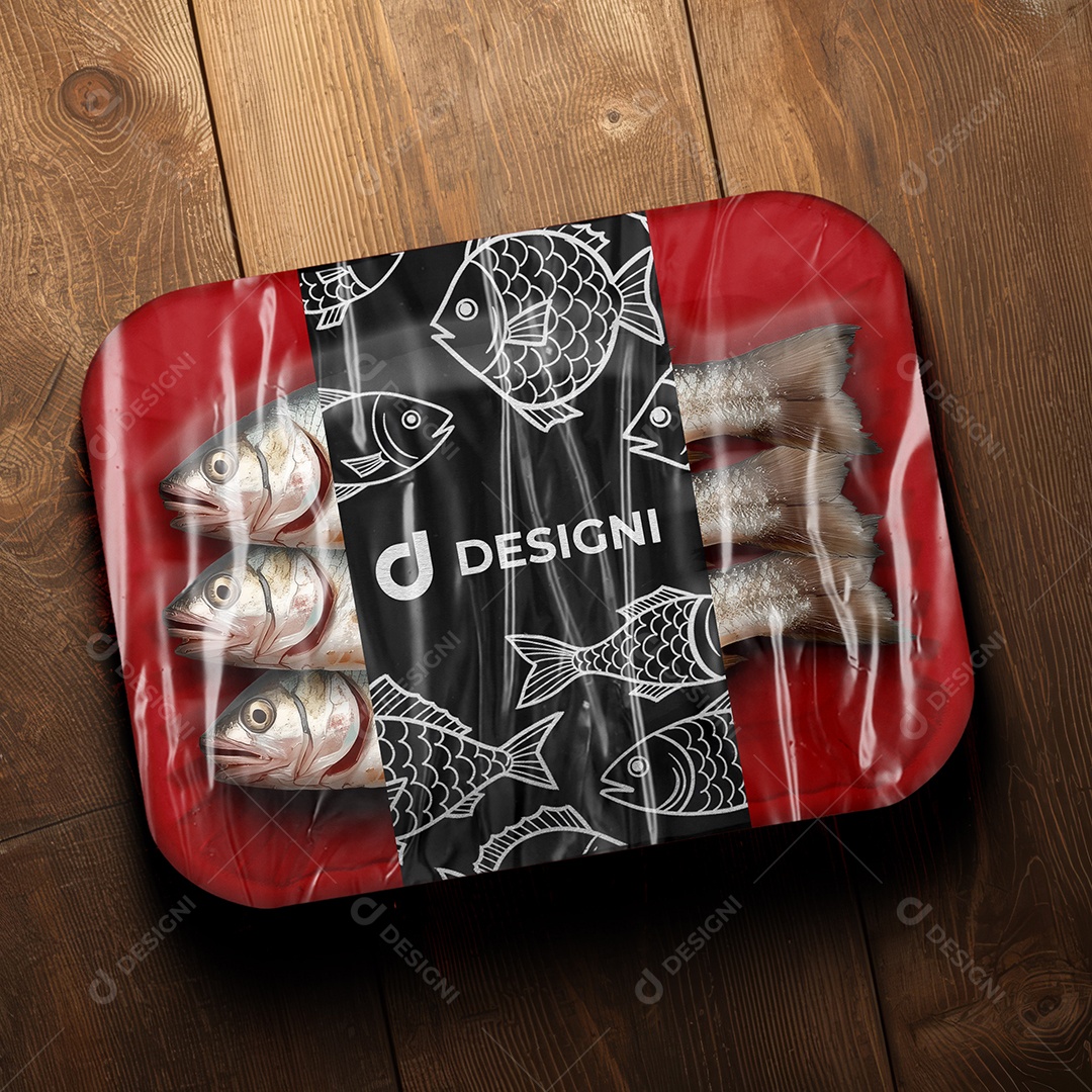 Mockup Embalagem de Peixe na Bandeja PSD Editável