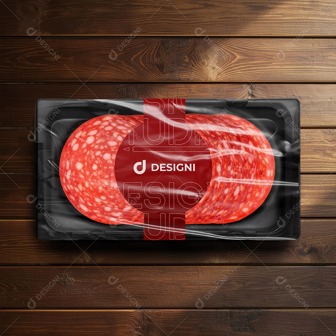 Mockup Embalagem de Salame na Bandeja PSD Editável