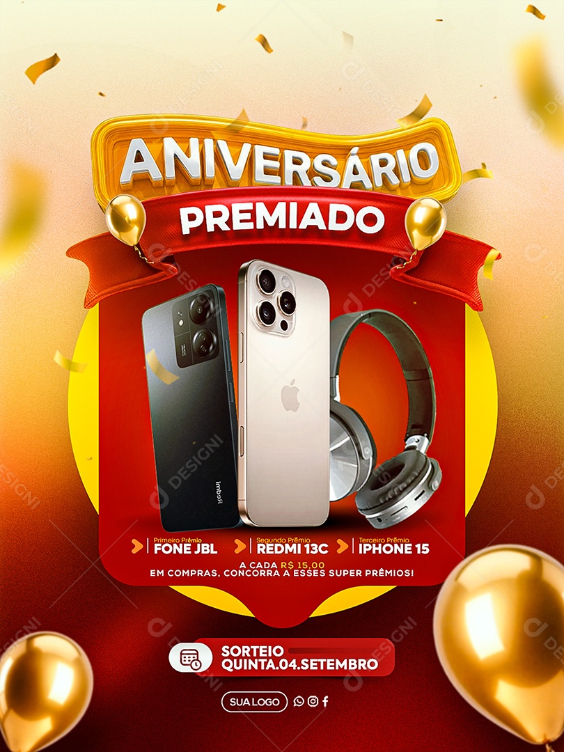 Aniversario Premiado Sorteio Social Media PSD Editável