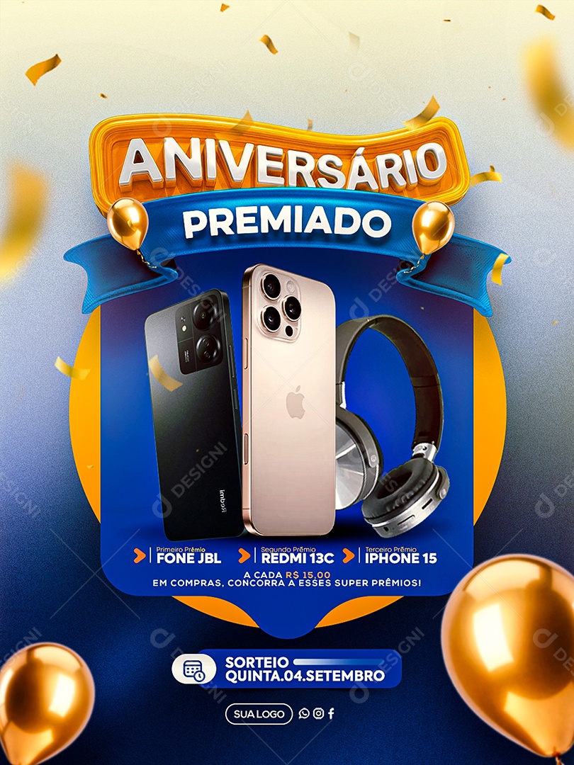 Aniversario Premiado Sorteio Social Media PSD Editável