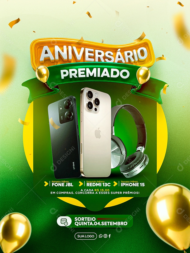 Aniversario Premiado Sorteio Social Media PSD Editável