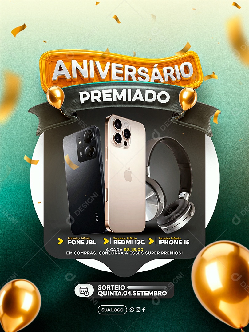 Aniversario Premiado Sorteio Social Media PSD Editável