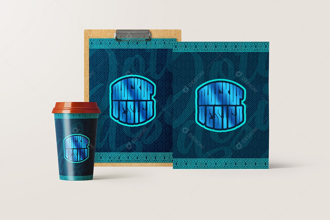 Copo de Café Com Pranchetas Mockup PSD Editável