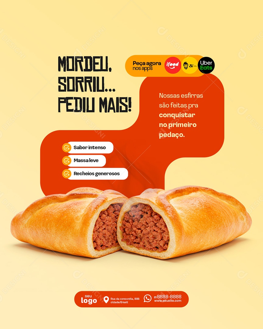 Post Mordeu Sorriu Esfirra Social Media PSD Editável