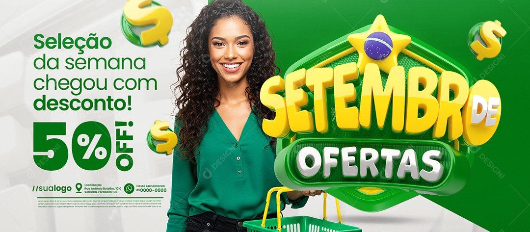 Banner Setembro de Ofertas Supermercado Desconto 50% Off Social Media PSD Editável