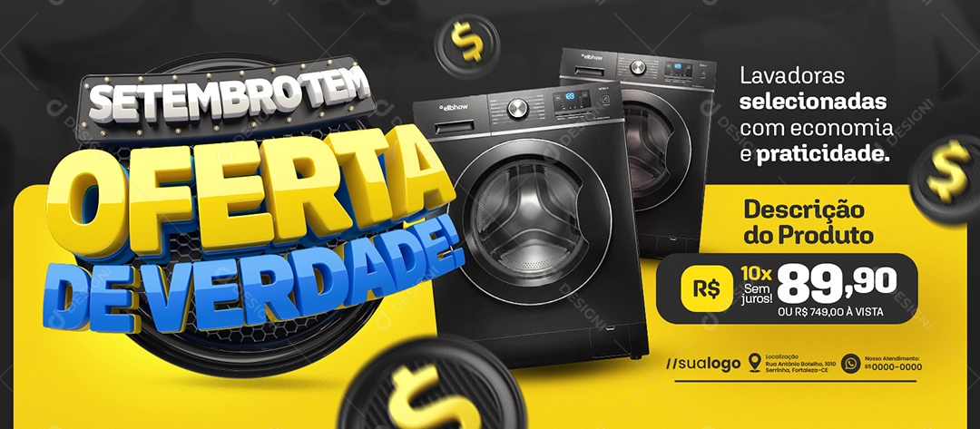 Banner Setembro Tem Oferta de Verdade Loja de Eletrodoméstico Lavadouras Social Media PSD Editável