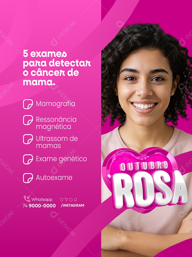 Outubro Rosa Cinco Exames para Detectar o Câncer de Mama Social Media PSD Editável
