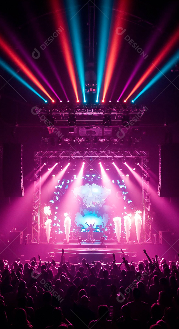 Cenário de Palco iluminado com luzes e fumaça