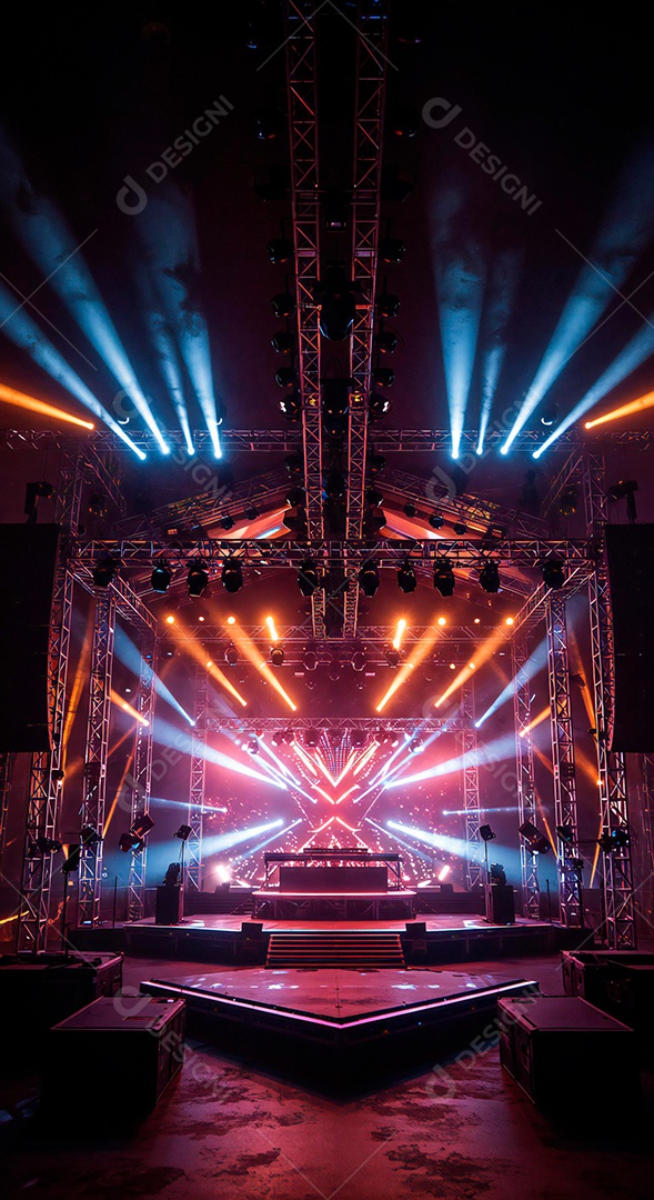 Cenário de Palco iluminado com luzes e fumaça