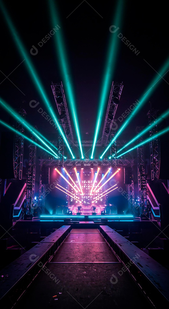 Cenário de Palco iluminado com luzes e fumaça