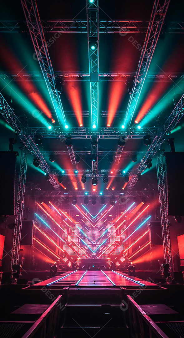 Cenário de Palco iluminado com luzes e fumaça