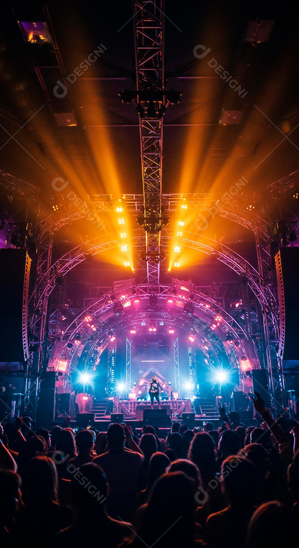 Cenário de Palco iluminado com luzes e fumaça