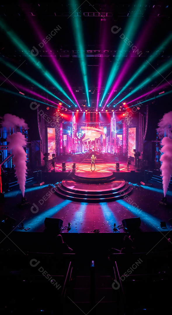 Cenário de Palco iluminado com luzes e fumaça