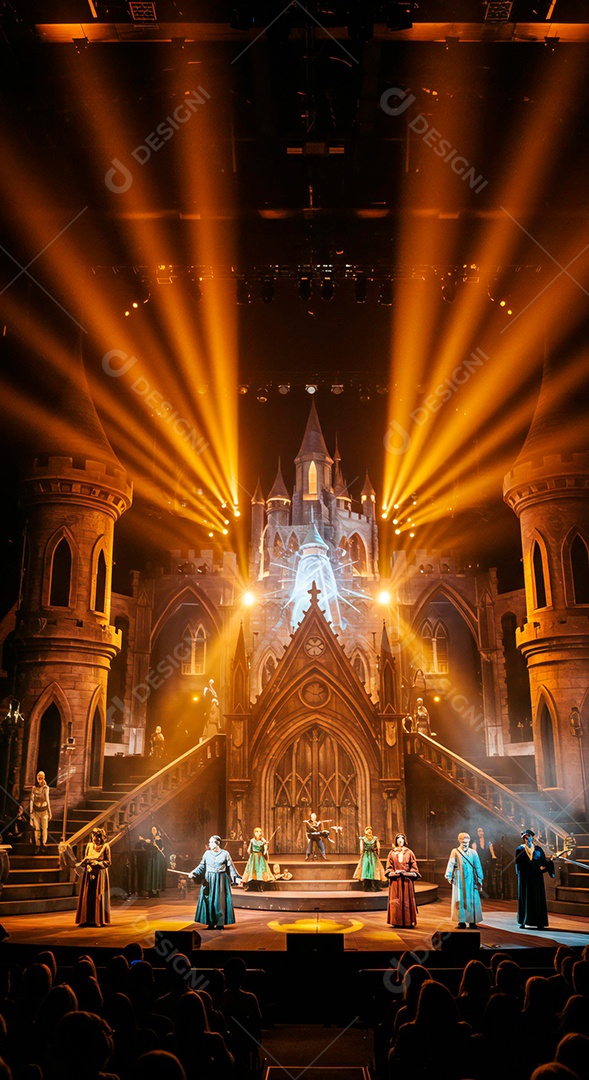Cenário de Palco iluminado com luzes e fumaça