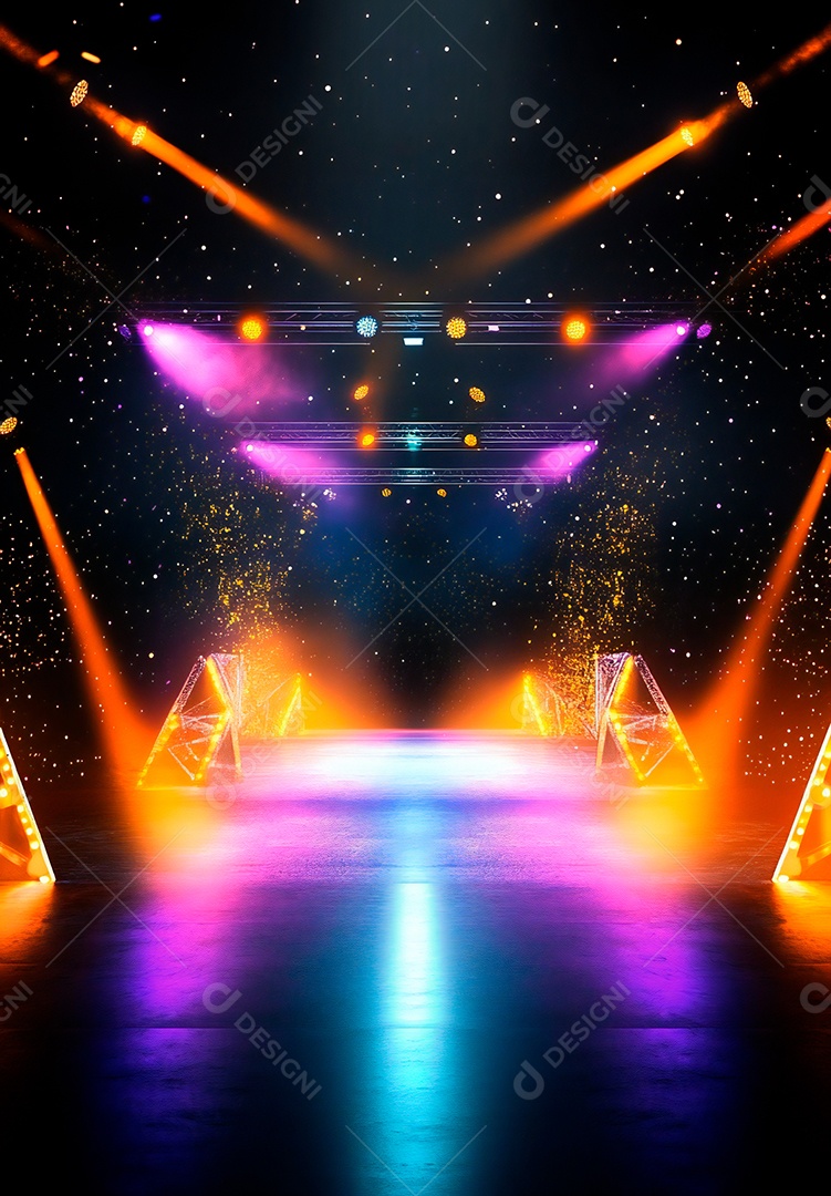Cenário de Palco iluminado com luzes e fumaça