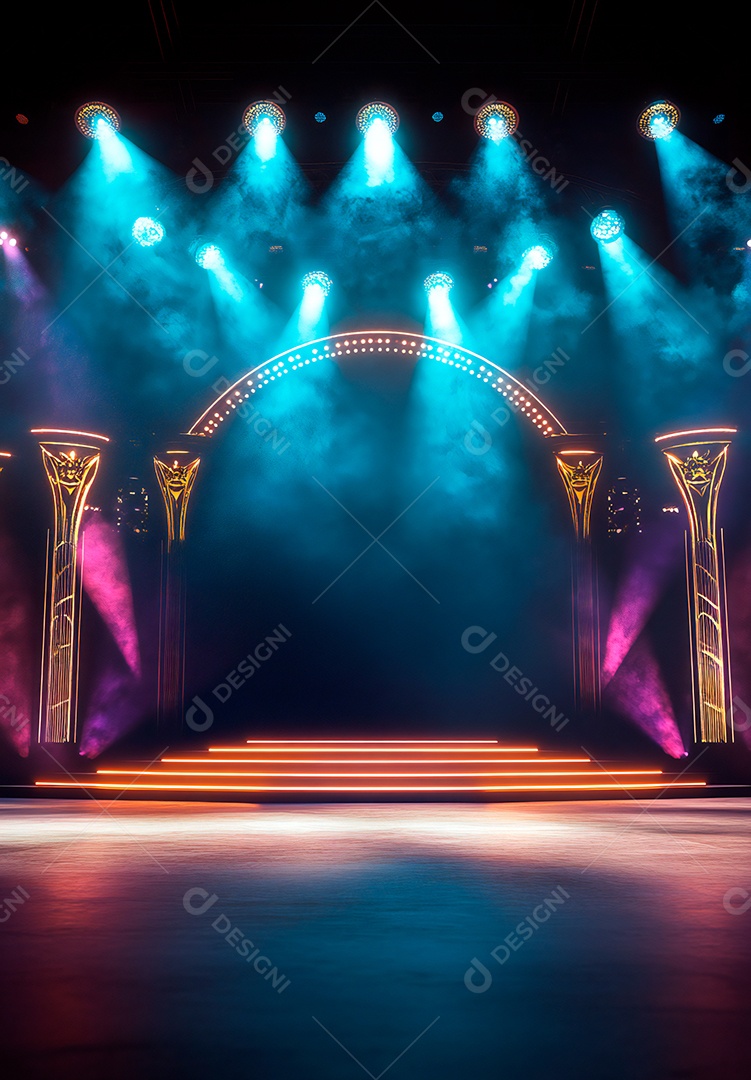 Cenário de Palco iluminado com luzes e fumaça