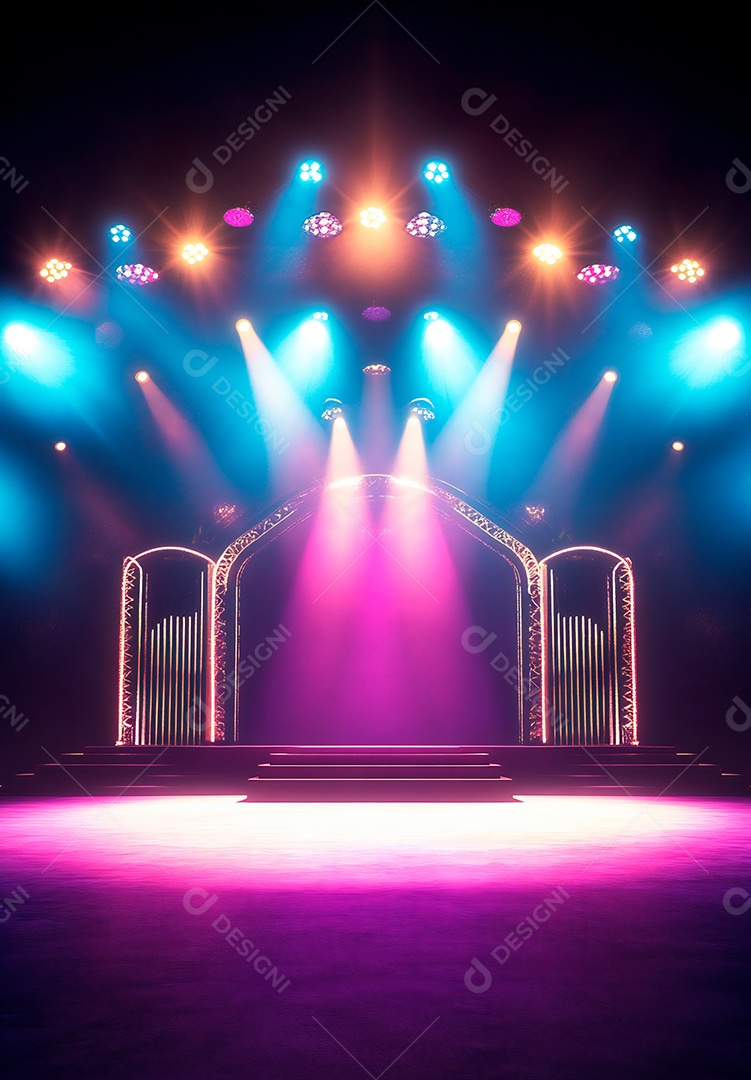 Cenário de Palco iluminado com luzes e fumaça