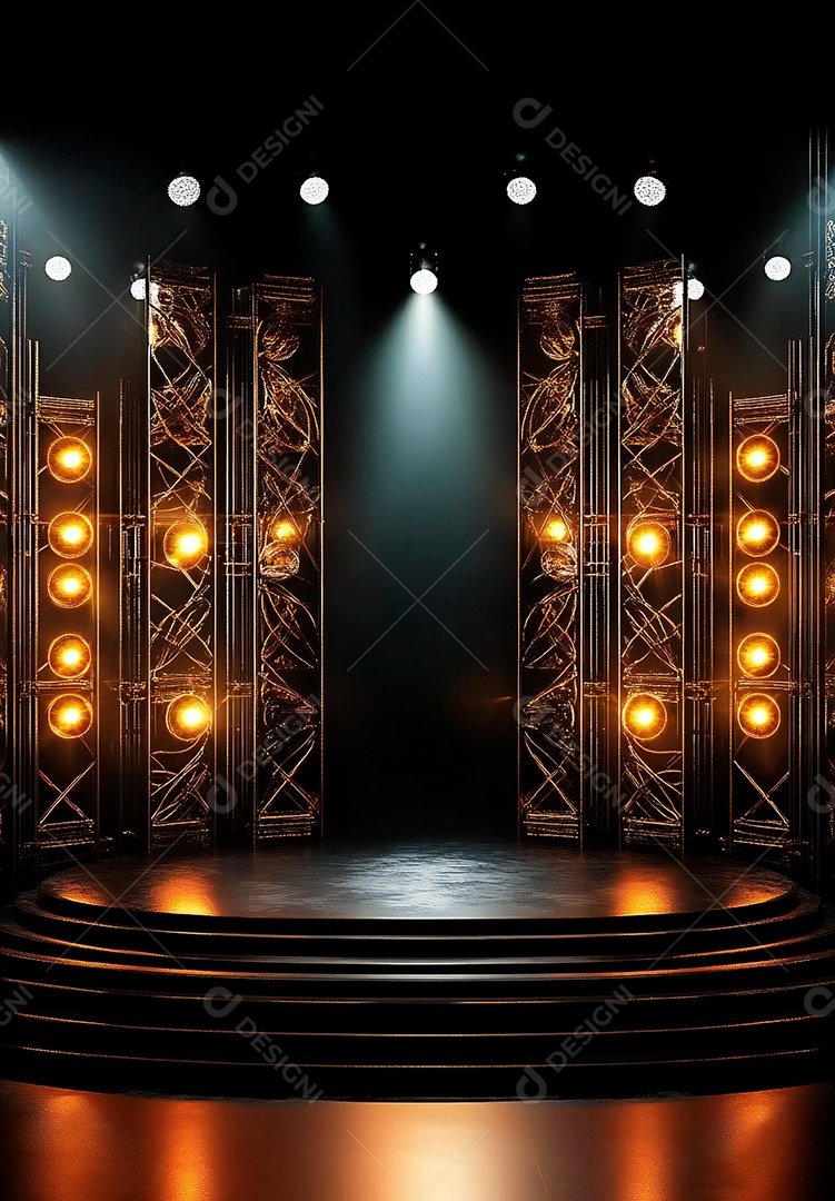 Cenário de Palco iluminado com luzes e fumaça